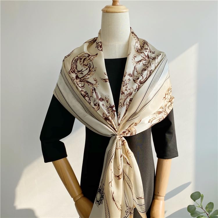 Large Square Silk Neck Scarf, Like Silk Head Scarves for Women 35” Satin Scarf-Beige2