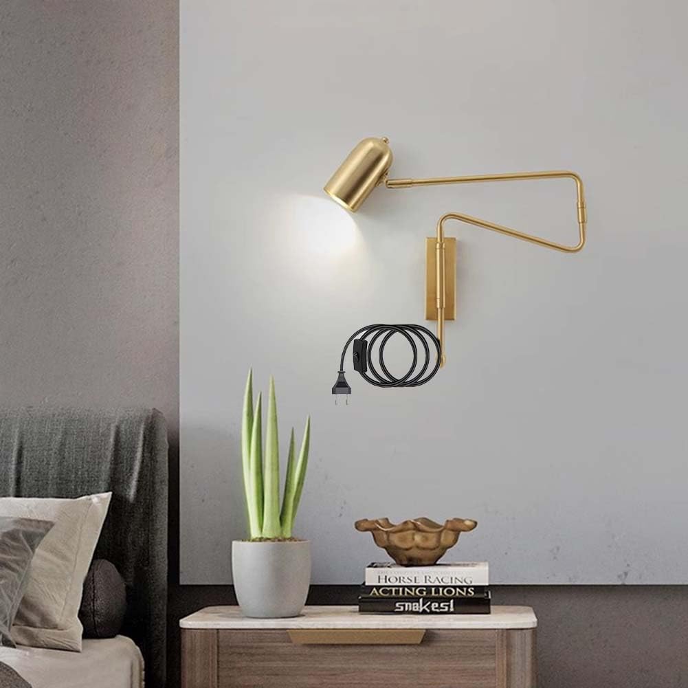 Retro Wandlampe Innen mit Schalter und Stecker Wandleuchte mit Kabel Verstellbare Lange Arm Wand Leselampe Gold Faltbar E27 Wandbeleuchtung mit Schwenkarm Nachttischlampe Drehbare,Gold