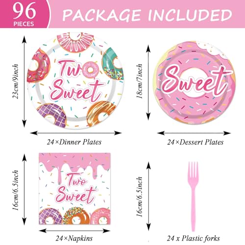 Image of ZOIIWA 96 Pcs Two Sweet Donut Birthday Party Supplies Girls Donut Themed Tableware Table Decor Baby Girl 2nd Birthday Paper Plates Napkins Disposable Dinnerware Party Favor for Baby Shower 24 Guests