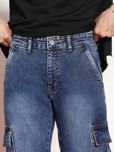 Image of Urbano Fashion Men's Regular Fit Washed Cargo Jeans with 6 Pockets Stretchable