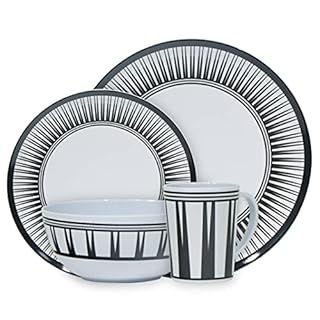 Leisurewize LWACC237 Melamine 16 Pcs Dinner Set - Plates, Bowls, Mugs, Side Plates - Geometric Stripe, Heat Resistant, Dishwasher Safe