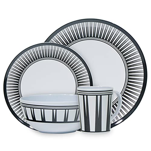 Leisurewize LWACC237 Melamine 16 Pcs Dinner Set - Plates, Bowls, Mugs, Side Plates - Geometric Stripe, Heat Resistant, Dishwasher Safe