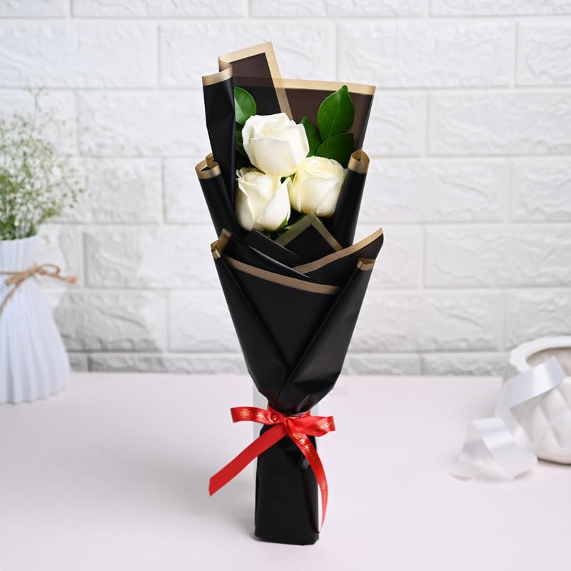 Image of FlowerAura Premium Fresh Live Flower Bouquet of 3 White Roese In Designer Paper Gift For Birthday | Anniversary | Love | Home Decor | Fathers Day Gift For Dad (Same Day Delivery)