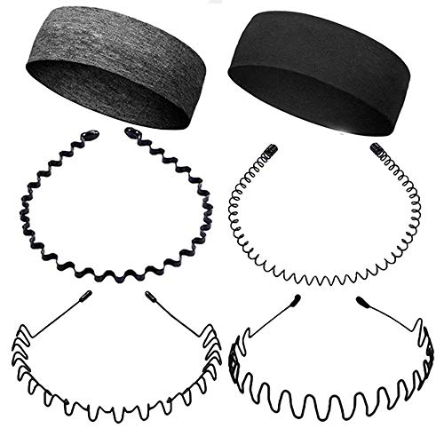 4 Pcs Metal Hair Bands for Men Women's Headbands,Unisex Hair Hoop Wavy Spring Sports Headbands Fashionable Headwear Accessories+2 Pcs Soft Elastic Stretch Sports Headbands