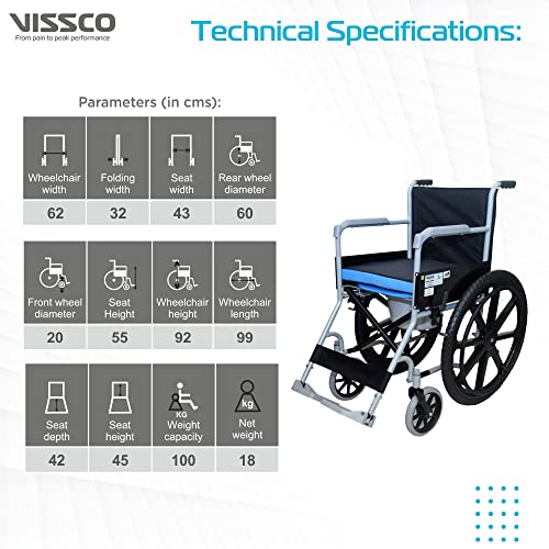 Image of Vissco Rodeo Veer Comfort Wheelchair with Removable Commode, Foldable, Fixed Armrest and Removable Footrest, for Elderly and Patients, Lightweight, Weight Capacity 100kg