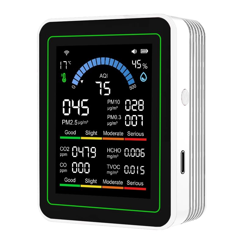Goshyda 10 in 1 Air Quality Monitor Indoor Air Quality Meter for CO2 TVOC HCHO PM2.5 PM10 PM10 PM0.3 2000mah Rechargeable Battery for Home Office Classroom