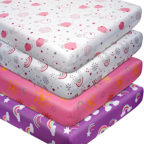 4 Pack Sun & Rainbows Crib Sheets Girl, Breathable Soft Microfiber Fitted Baby Crib Sheets, 28 X 52 in Crib Mattress Sheets for Standard Crib & Toddler Mattress