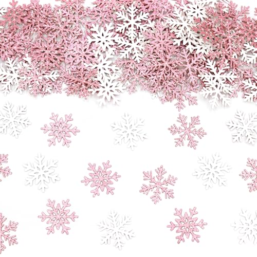 Vofrise 200PC Pink Glitter Snowflake Confetti Winter Onderland Decorations Paper Snowflakes Table Scatter for Winter Wonderland Birthday Baby Shower Party Decor