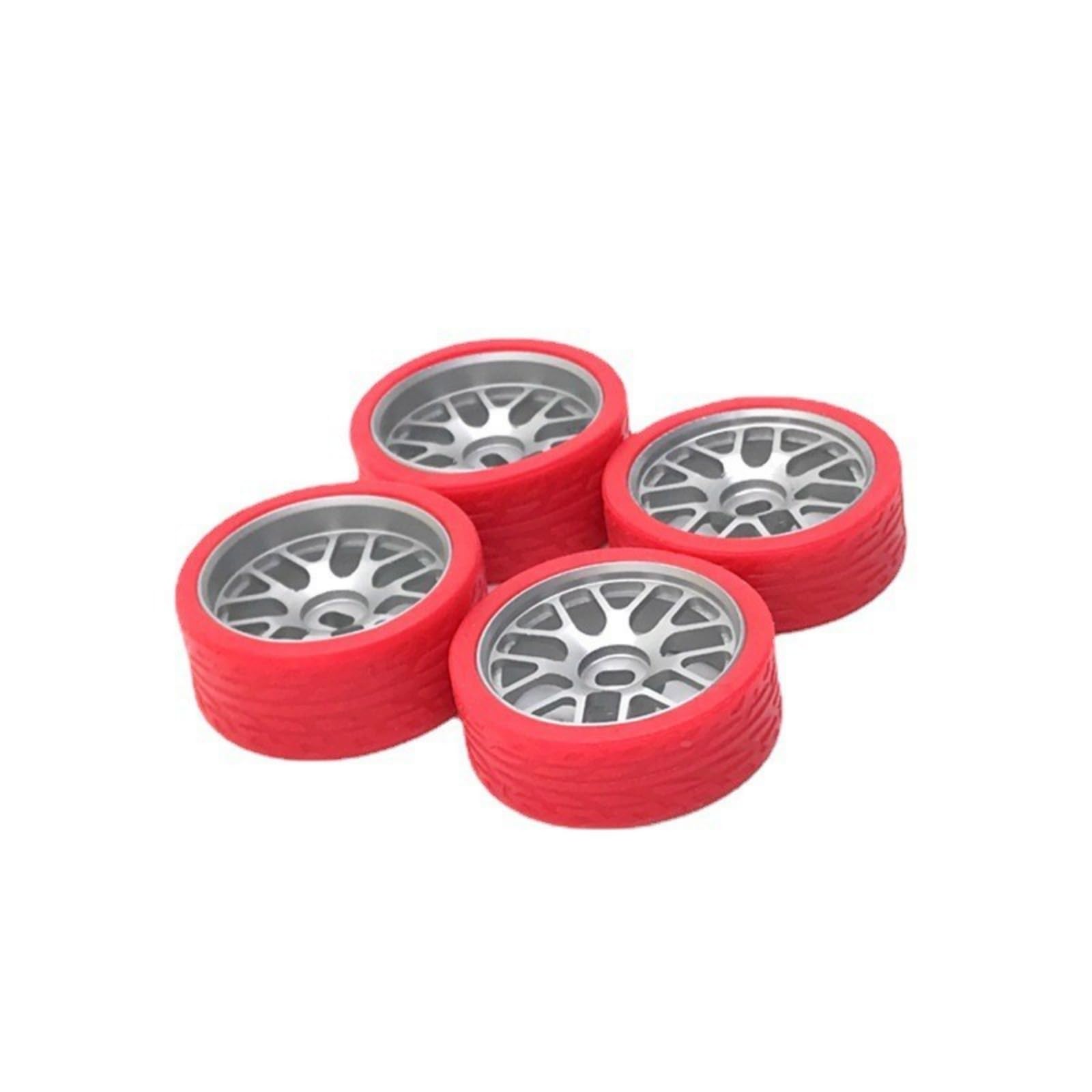 Ensamble de Rueda para Coche RC Llantas Neumáticos Aro Multirradio Material Metal y Plástico Tracción con Dibujo Diseño Apto para Coches a Escala 1 28, Plateado+Rojo