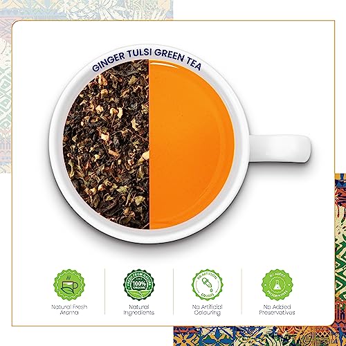 Image of Dabri Ginger Tulsi Green Tea 100gm Pouch | Natural Flavoured Long Leaf Tea | Pure & Refreshing | Rich in Antioxidants | Immunity Booster | Relieves Cough, Cold & Indigestion
