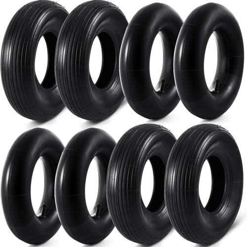 Image of 4 Sets 13'' 4.00-6 Replacement Tire and Inner Tube Set Heavy Duty 4.00-6 Tire and Wheel with TR13 Straight Valve Stem and Ribbed Treads, for Wheelbarrow Trolley Garden Wagon Wheels