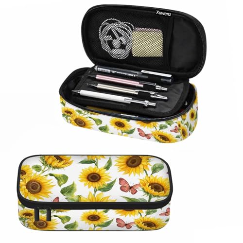 Image of Sunflowers Pencil Case Organizer Butterflies Bright Summer Flowers Stationery Box Makeup Box School Supply for Boy Girl Men Women