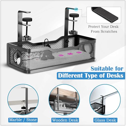Image of GLUN Adjustable Under Desk Cable Organizer Rack, Screw-Fixed Wire Management Tray for Power Cord, Extension Board & Network Cables, Black Includes 10 Cable Ties & 4 Cable Organizers