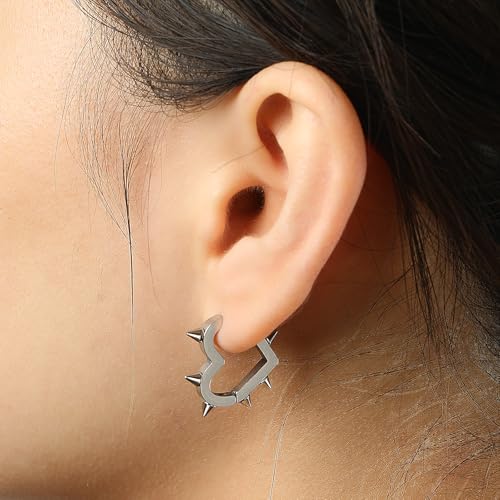 2 Pairs Silver Black Heart Hoop Earrings for Women Men Stainless Steel Y2k Punk Goth Spike Heart Earrings Jewelry Gift3