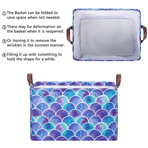 Image of Mermaid Storage Bin Basket Collapsible with Leather Handles Waterproof Canvas Storage Cube Box for Closet Toys Clothes Nursery Room Gift Basket