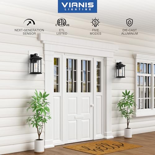Image of VIANIS Large Advanced Motion Sensor Outdoor Lights, Outdoor Wall Lights | Easy-to-Install, Water Glass, E26, Aluminum Black Outdoor Wall Lantern, Waterproof Porch Light for Porch, Garden, Front Door