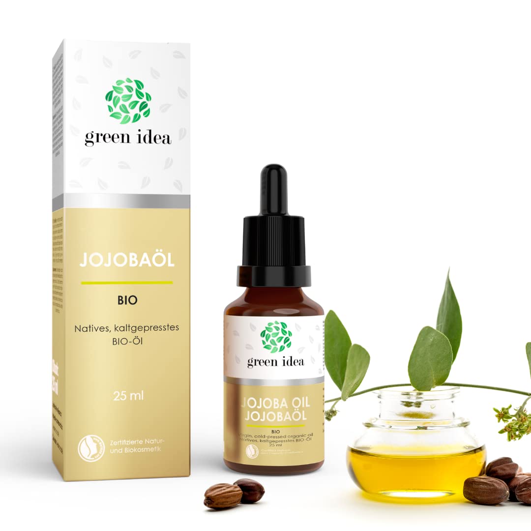 green idea Aceite de jojoba orgánico 100% puro | certificado NATRUE | aceite de jojoba skincare – aceite facial, aceite corporal, cabello y uñas | vegano y prensado en frío | botella de cristal y