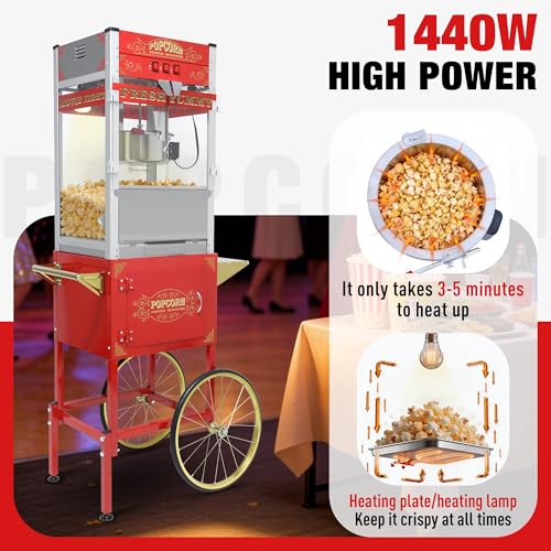Image of 20 Oz Commercial Popcorn Machine with Cart (Red) - High Volume Popcorn Maker - Vintage Movie Theater Style Popper with Storage, Stainless Steel Serving Supplies for Business Use