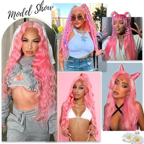 Pink Lace Front Wig Human Hair 13x4 Body Wave 200 Density HD Lace Front Wigs Human Hair Pre Plucked with Baby Hair Pink Colored Lace Frontal Glueless Wigs for Women 20 Inch