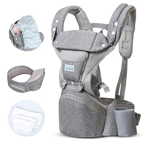 Image of Baby Carrier, BIUSIKAN Baby Carrier with Hip Seat 6-in-1 Convertible Carrier with Head Hood, Ergonomic Baby Toddler Infant Carrier w/ 3 Pieces Teething Pads (Deep Grey)