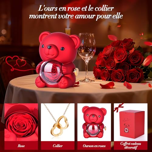Eternal Rose, Rose Bear for Valentine's Day, Box and Necklace of Preserved Rotatable Rotatable Roses, Women's Gift, Valentine's Day, Mother's Day, Birthday Gift - Image 4