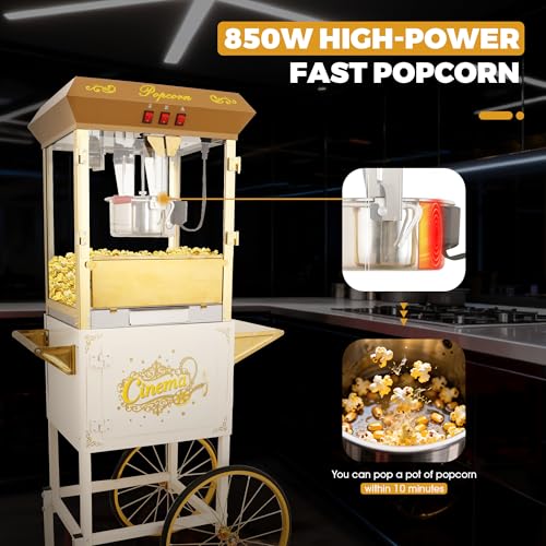Image of Popcorn Machine with Cart & 16oz kettle for Home /Commercial (Beige) | 850W, Large Capacity, Easy to Use /Clean, Vintage Movie Theater Style, 3 Easy Switches, with Storage, 4 Spoons