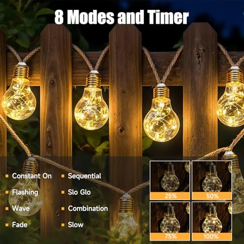 Solar String Lights Outdoor, 41 FT Vintage Rope Hemp Solar Patio Lights with 20 Shatterproof Bulbs, 8 Modes Waterproof Hanging Lights, Solar Powered String Lights for Gardens, Balcony Parties