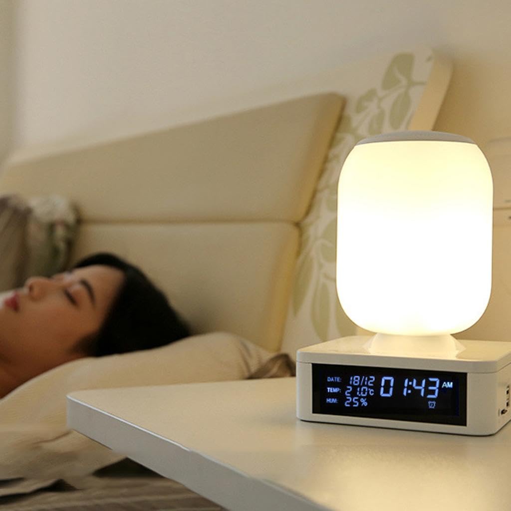 Luz nocturna portátil que cambia de color, lámpara con sensor táctil con mini altavoz recargable por USB, reloj despertador digital