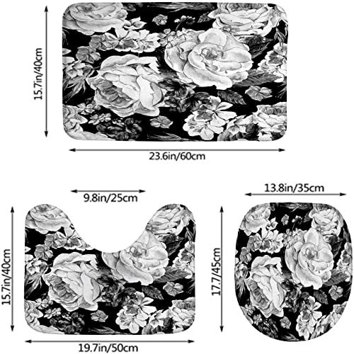 Badezimmerteppich-Set, 3-teilig, Aquarell, Blumen, Monochrom, Vintage, waschbare Badeteppiche, rutschfest, mit Rückenpolster, Konturteppich und Toilettendeckelbezug – Bild 3