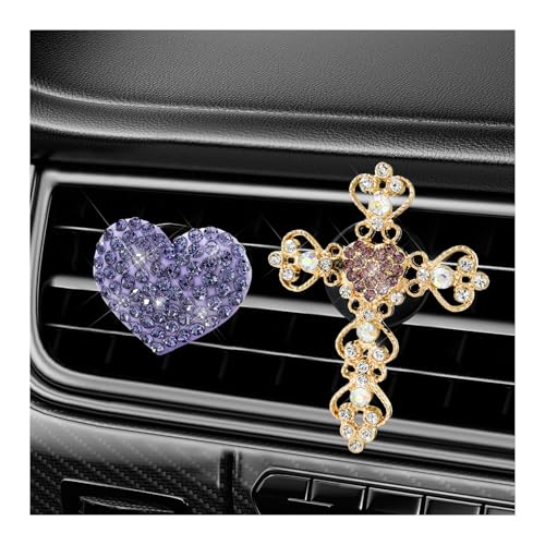 Image of 2 PCS Bling Car Vent Clip, Crystal Rhinestone Cross and Heart Car Air Fresheners Vent Clips, Diamond Car Air Conditioner Outlet Decoration Charm for Women, Car Accessories (Purple)