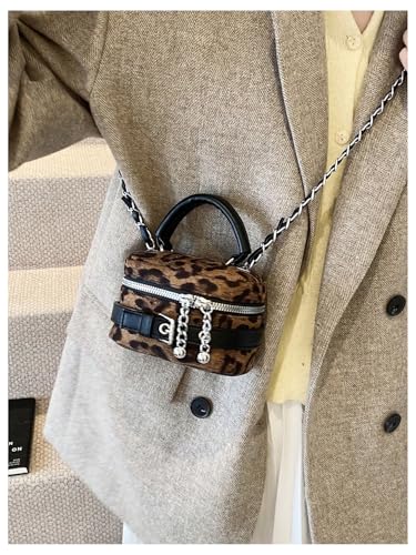 Women's Leopard Zipper Shoulder Handbags Chain Mini Crossobdy Box Bags Y2K Square Purse3