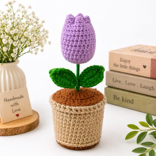 Image of Handcrafted Crochet Flower Pot | 7 Inch Handmade Wool Flower Plant | Premium Soft Yarn Decor | Cute Desk & Home Decoration | Unique Gift for Birthday, Anniversary & Valentine (Tulip Lavender)