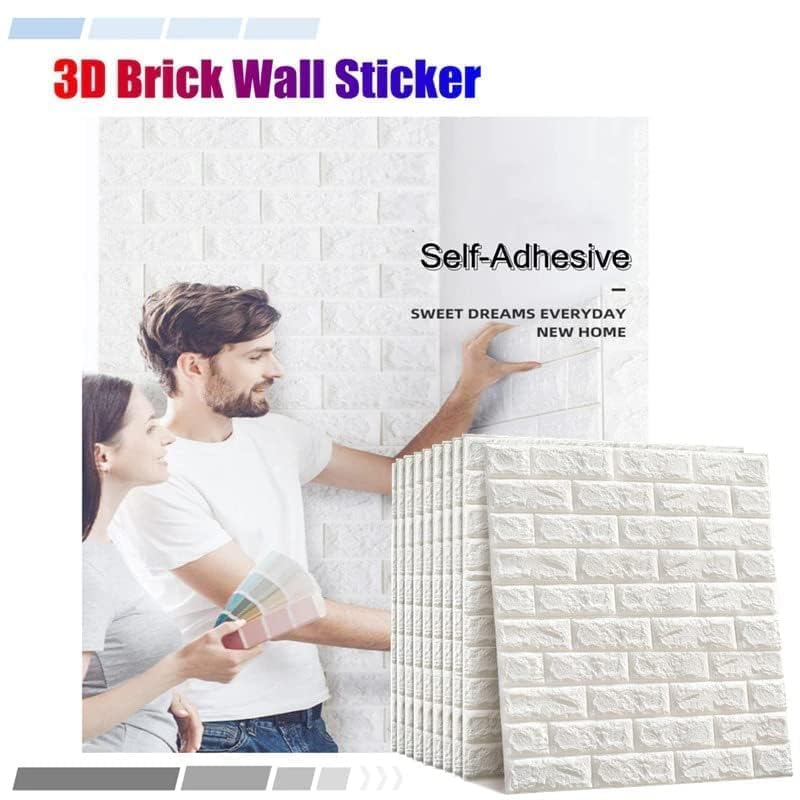 Image of VEXIO 3D Brick Wallpaper PE Foam Self Adhesive Wall Stickers | Waterproof, Anti-Collision DIY Peel & Stick Wall Panels for Home, Bedroom, Living Room & Office Decor (White)