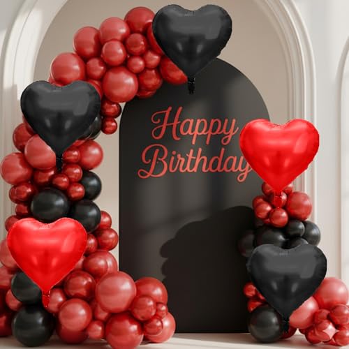 Image of Red Black Heart Balloons, 10 Pcs Metallic Heart Shaped Balloon, 18 Inch Red and Black Foil Balloons Helium for Engagement Brithday Bridal Baby Shower Wedding Engagement Valentines Party Decorations
