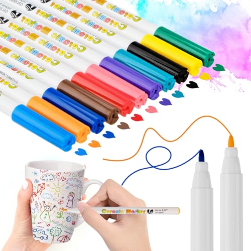 12 Color Rotuladores Ceramica, Lápices de Porcelana Aptos para Lavavajillas, Resistente Al Agua, 1.0mm Pincel De Fibra, Pintura para Ceramica, para DIY Cerámico Vidrio Porcelana Piedras