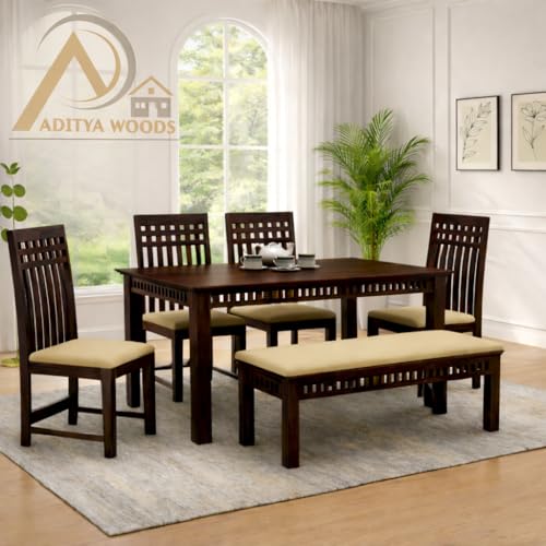 Image of AADITYA WOODS Sheesham Wood 6 Seater Dining Table Set with Chairs & Bench for Living Room Home | Wooden Dining Table Set for Office Restaurant Dining Room Set-57x35x30 inch (Walnut kB1, 6 Seater)