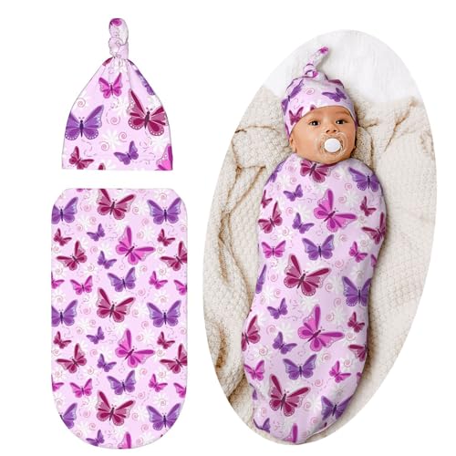 Image of Lcokin Butterfly Baby Stuff Swaddle Blanket Newborn Baby Swaddling Blanket Sleep Sack with Beanie Hat Sets for Boys Girls Infant and Baby Shower Unisex