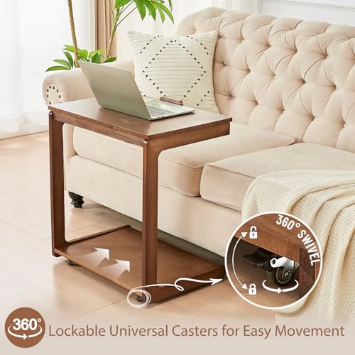 Image of Uniclinens Couch Tables that Slide Under - Rolling Side Table C Shape, Wooden Slim Sofa Desk with Wheels, Small TV Tray for Laptop Multi-Purpose Living Room Bedroom, Walnut