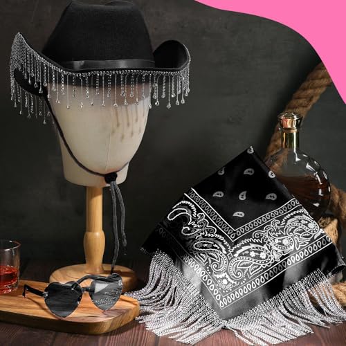 Image of Leumoi 3 Pcs Rhinestone Fringe Cowgirl Hat Rhinestone Bandana Sunglasses