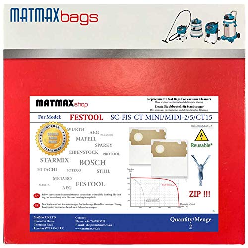 2X Zip Reusable*, Self-Cleaning Fabric Bags for Festool SC-FIS-CT MINI/MIDI-2/5/CT15