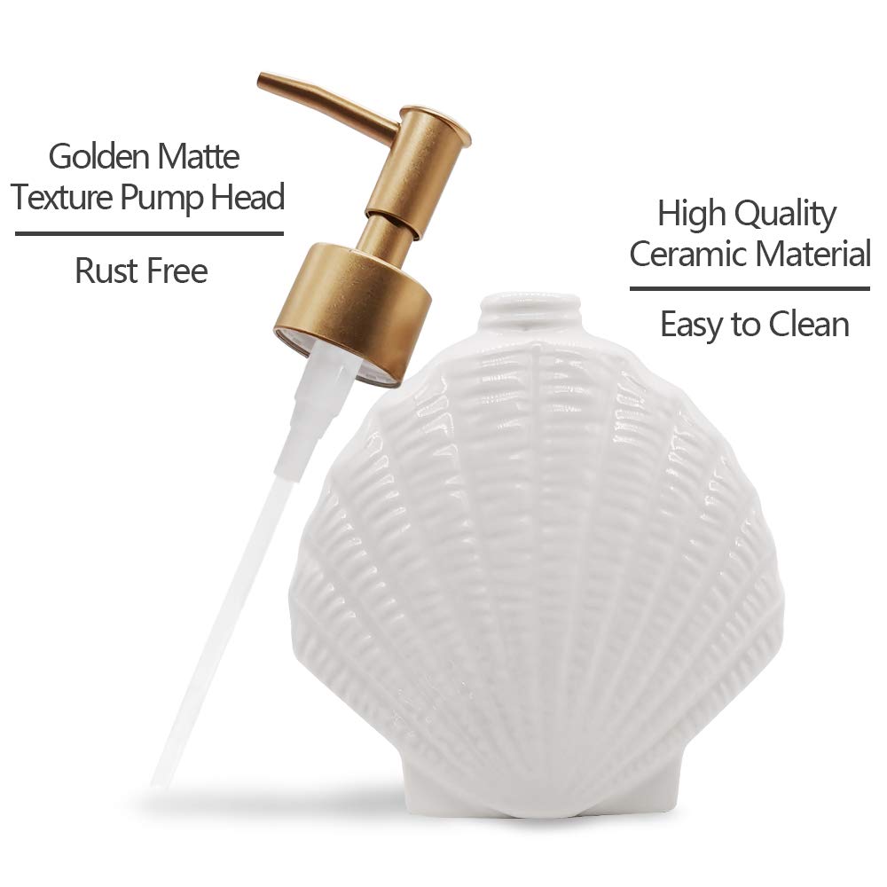 Dispensador de jabón en forma de concha, botella de loción de cerámica blanca con bomba dorada mate, decoración del hogar para baño y cocina 3