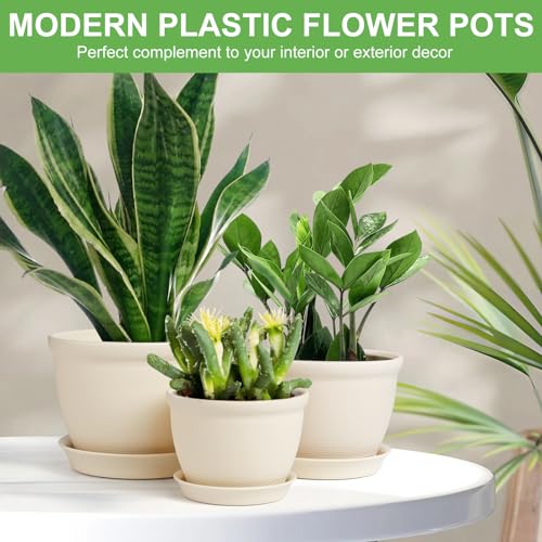 FAMILY Plant Planter 6 Piece Plastic Planter Set 2 Each 7.8in 6.6in 5.5in with Multiple Drainage Holes and Tray for All Home Garden Flowers and Succulents, Cream Color