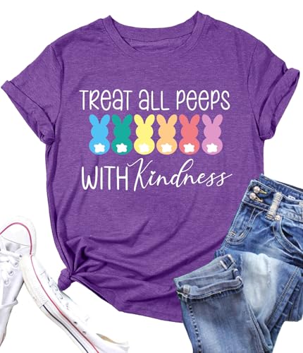 Image of LAZYCHILD Women Easter Teacher Shirts: Funny Treat All with Kindness T-Shirt Bunny Rabbit Tee Tops