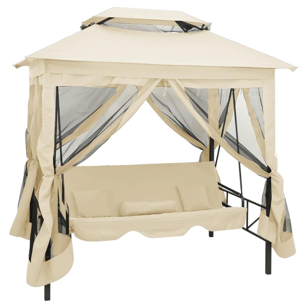 Balançoire de jardin avec tonnelle, balançoire convertible en lit, tonnelle de jardin avec toit pare-soleil et moustiquaire, banc à bascule pour 2 personnes, blanc crème