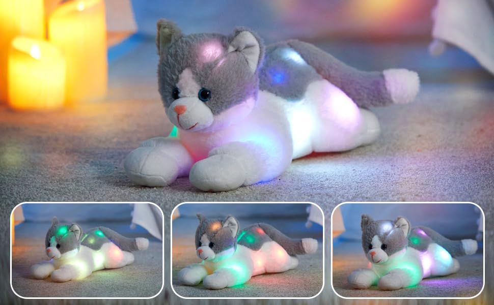Houwsbaby 15" Gray Light up Kitty Stuffed Animal Cat Floppy LED Plush Toy Kitten Night Lights Glow Pillow Birthday Festival Christmas Halloween Presents for Kids Toddler Girls - Image 5