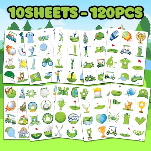 Image of 120 PCS Golf Sport Pre-Cut Temporary Tattoos | | Super Cute Themed Birthday Party Favors, Supplies, Decorations, Green Sport Fake Tattoo Stickers, Gifts for Boys Girls