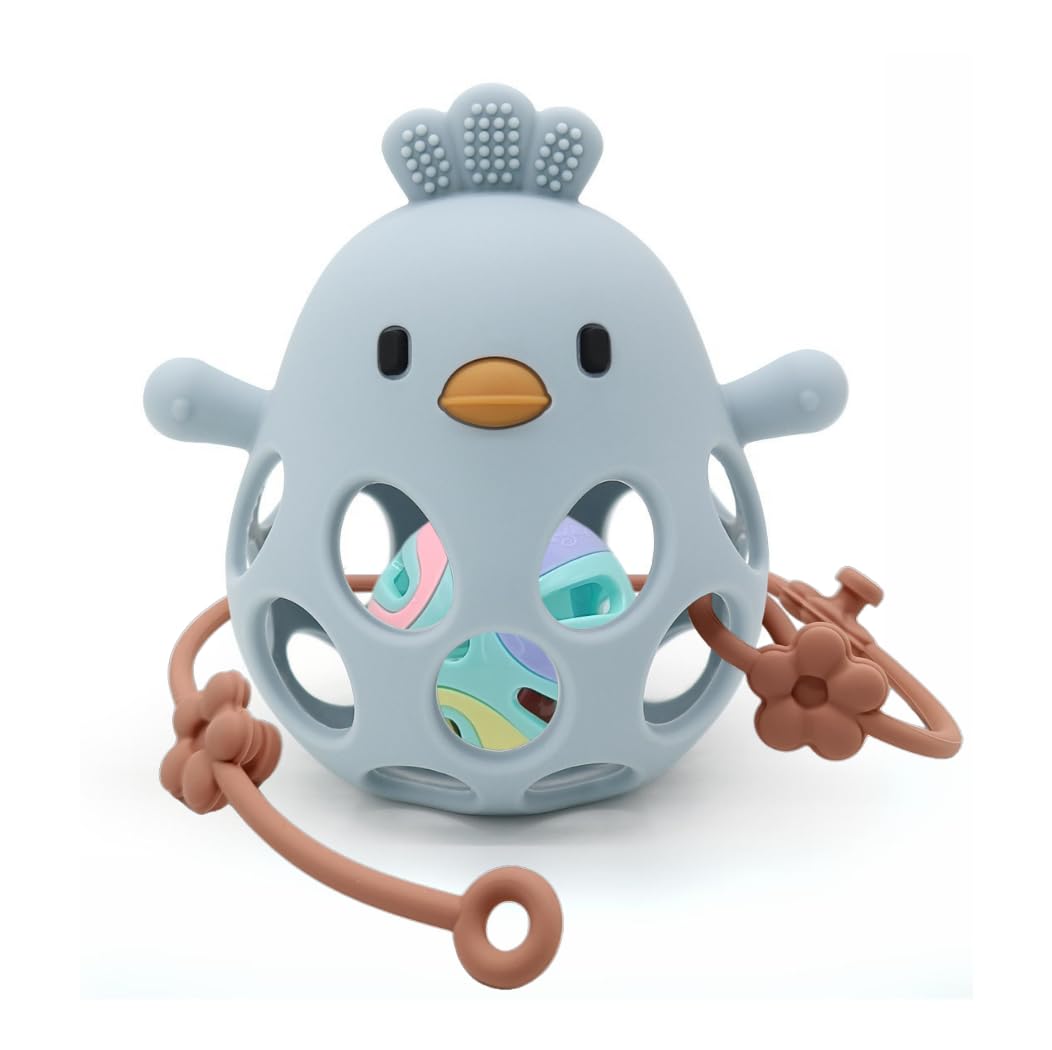 MME Mordedor Silicona Bebé, Mordedores Bebés 3-6meses, Mordedor Bebé 6-12 meses, Mordedor Bebé, Mordedor Sensorial, Sonajero Mordedor, Juguete Mordedor Bebé, Teething, Teether Baby (Azul con bolita)