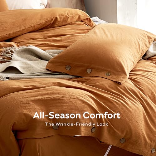 Image of JELLYMONI 100% Washed Cotton Duvet Cover Twin - Soft, Breathable Linen-Look Bedding with Natural Wrinkle Texture, Button Closure, 2-Piece Set (Amber Orange, 68 inchx90 inch)