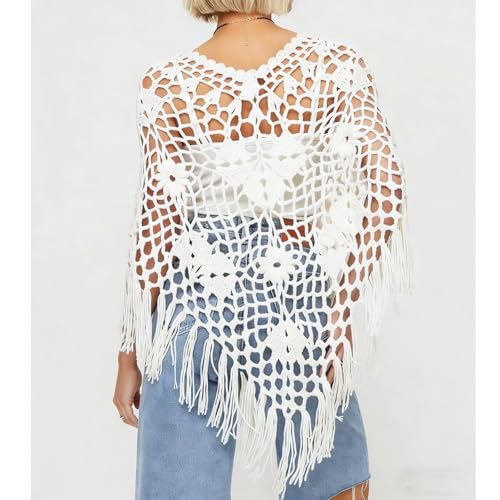Poncho de ganchillo con diseño floral calado y acabado de flecos estilo boho casual 3