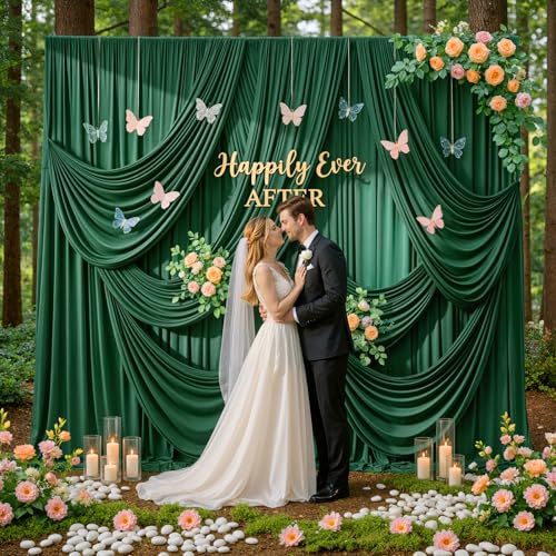 Image of 50ftx15ft Hunter Green Backdrop Curtains for Parties, Wrinkle Free Polyester Green Photo Backdrop Drapes 10 Panels 15 ft Long Back Drop Cloth for Wedding Birthday Photography Background
